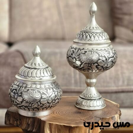 قندان مسی آب نقره قلم کاری شده آذر