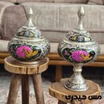 شکلات خوری مسی آب نقره و مینا و قلم کاری شده مدل آذر