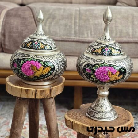 شکلات خوری مسی آب نقره و مینا و قلم کاری شده مدل آذر