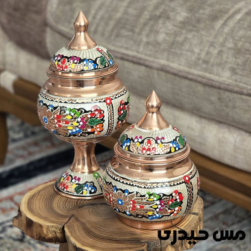 قندان مسی نقره کوب و مینا کاری پایه دار آرمان
