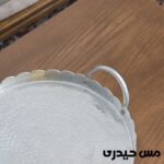 سینی مس سفید قلع شده گرد دسته و پایه دار دست ساز طرح ترمه ( تمام دست ساز) - Image 4