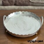 سینی مس سفید قلع شده گرد دسته و پایه دار دست ساز طرح ترمه ( تمام دست ساز) - Image 5