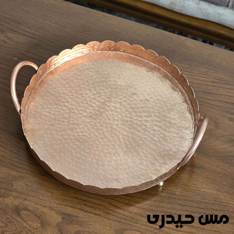 سینی مسی گرد دسته و پایه دار دست ساز طرح ترمه ( تمام دست ساز نانو شده )
